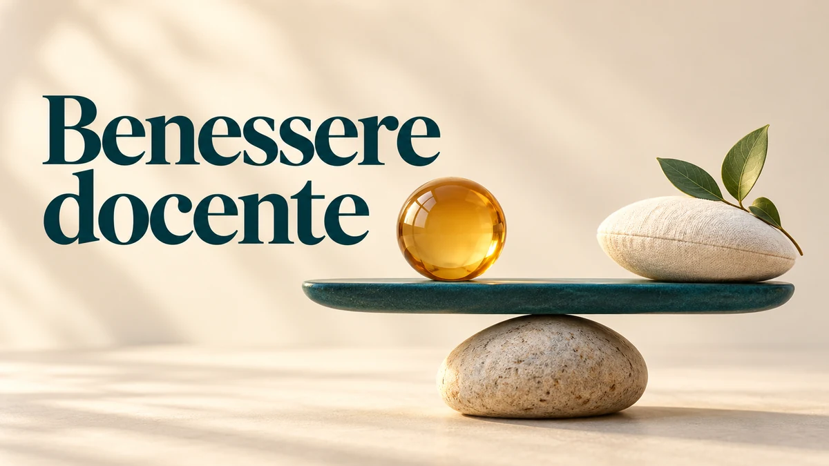 Illustrazione editoriale tridimensionale sul tema benessere docente, con il testo «Benessere docente».