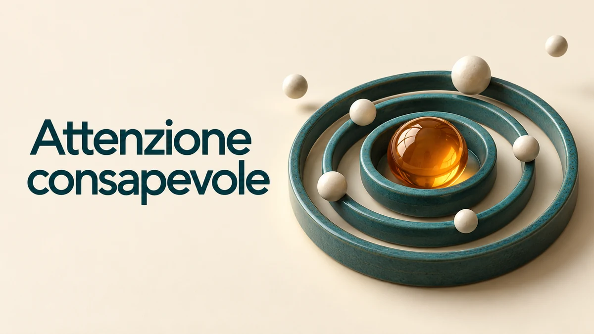 Illustrazione editoriale tridimensionale sul tema attenzione consapevole, con il testo «Attenzione consapevole».