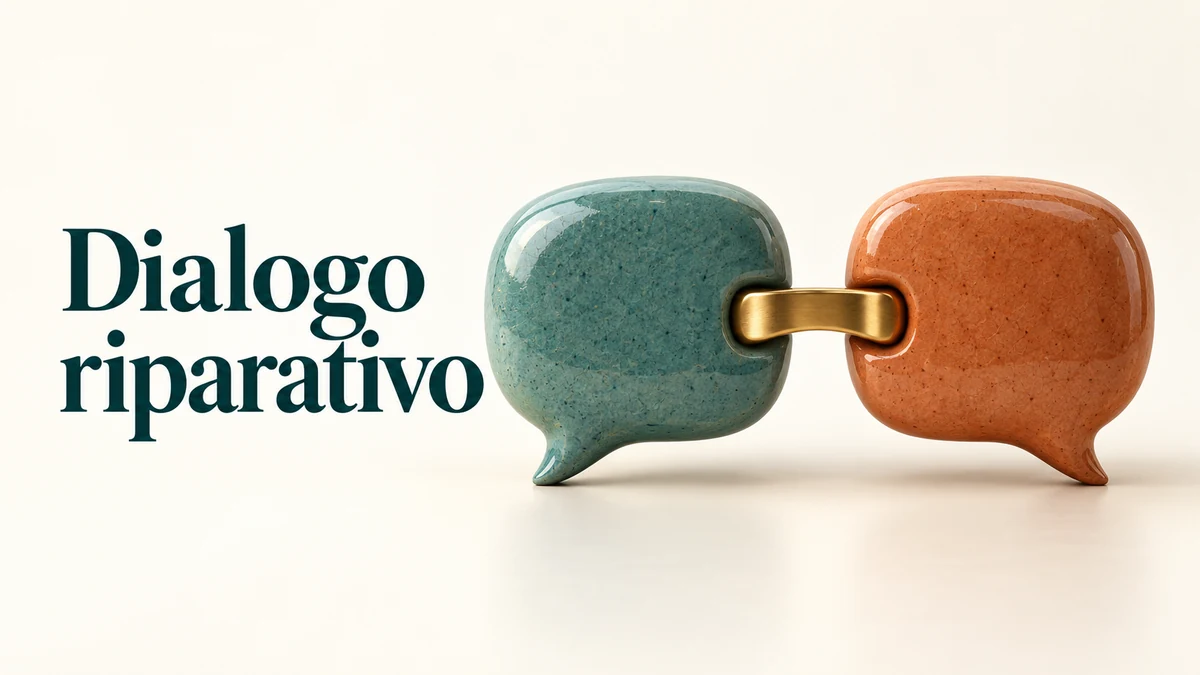 Illustrazione editoriale tridimensionale sul tema dialogo riparativo, con il testo «Dialogo riparativo».
