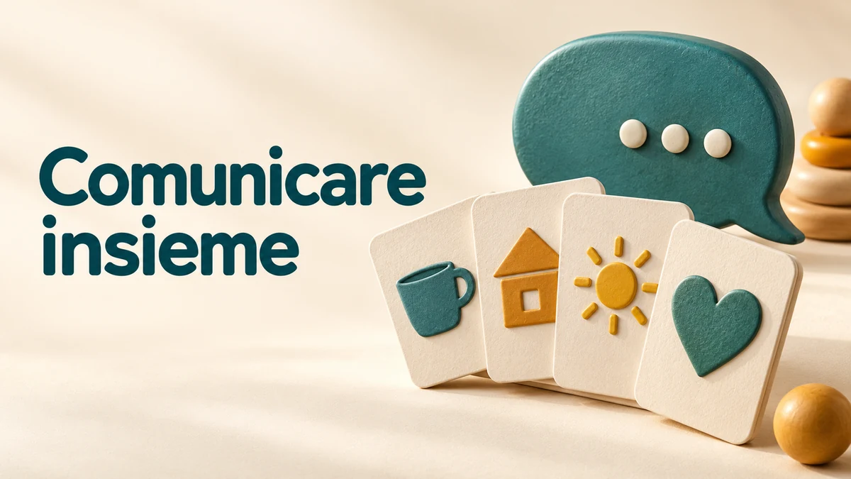 Illustrazione editoriale tridimensionale sul tema comunicare insieme, con il testo «Comunicare insieme».