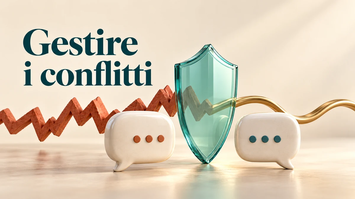 Illustrazione editoriale tridimensionale sul tema gestire i conflitti, con il testo «Gestire i conflitti».
