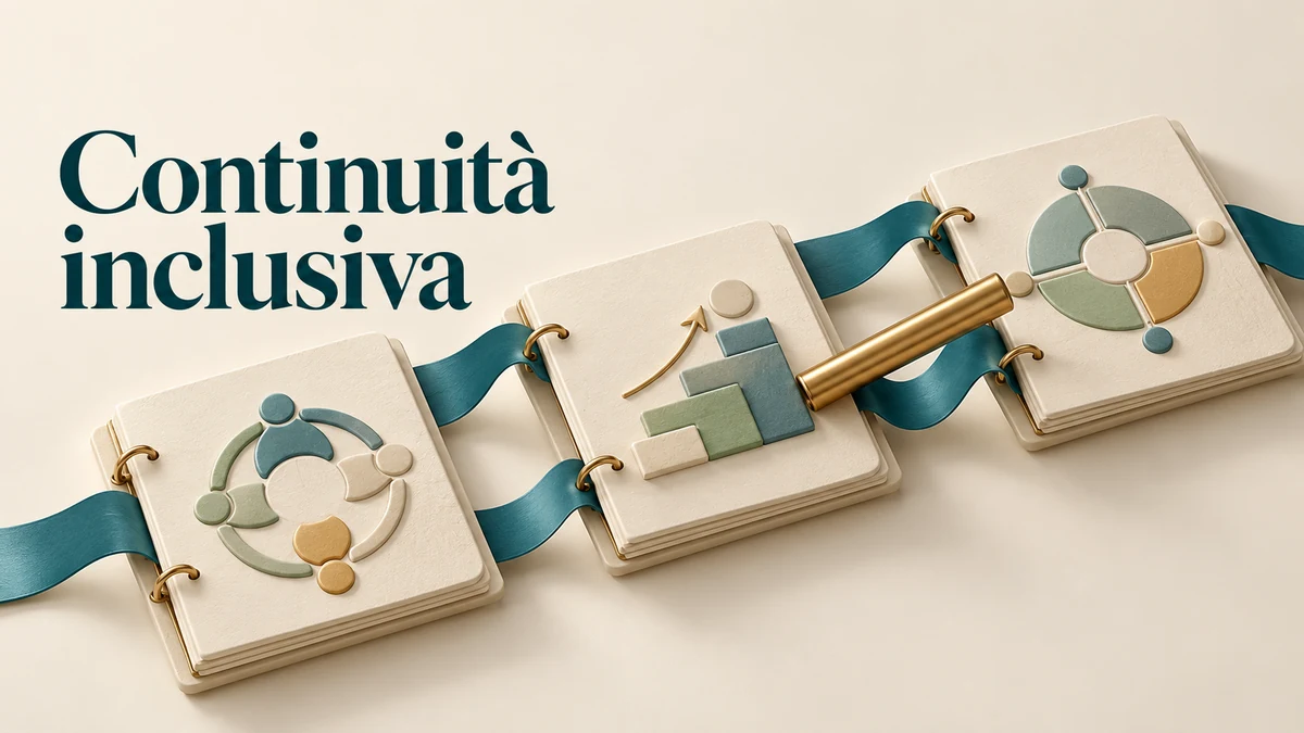 Illustrazione editoriale tridimensionale sul tema continuità inclusiva, con il testo «Continuità inclusiva».