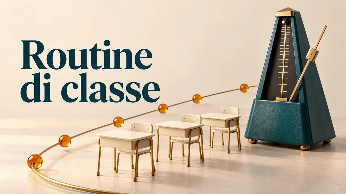 Illustrazione editoriale tridimensionale sul tema routine di classe, con il testo «Routine di classe».