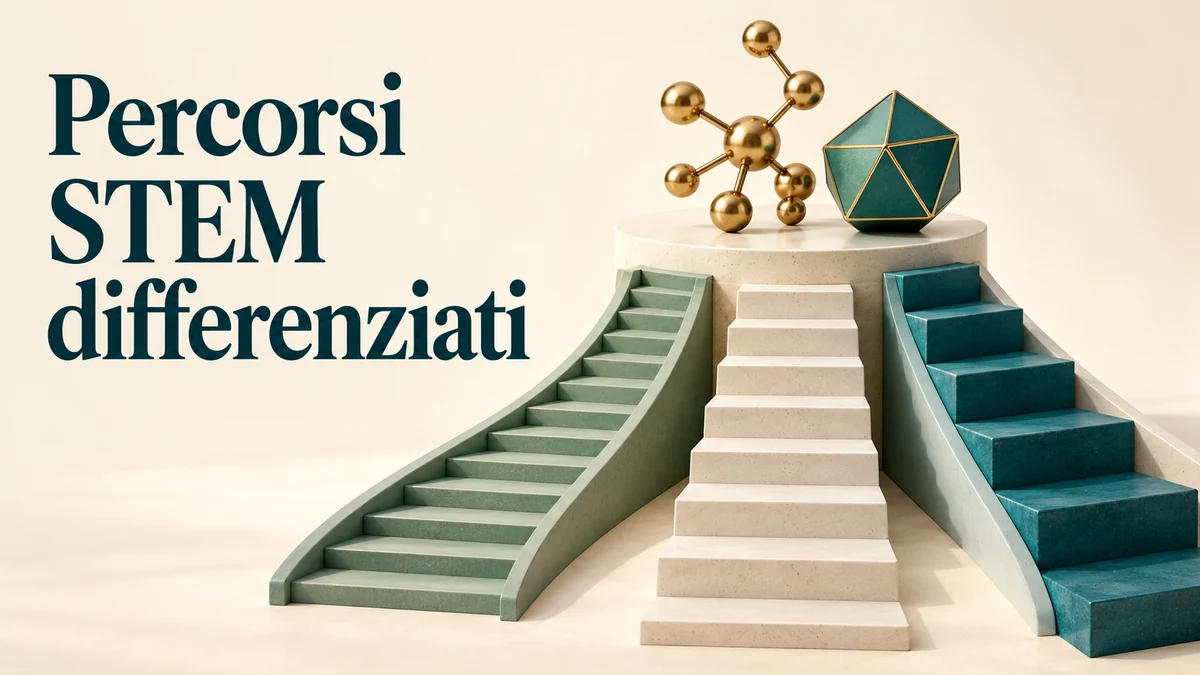 Illustrazione editoriale tridimensionale sul tema percorsi stem differenziati, con il testo «Percorsi STEM differenziati».