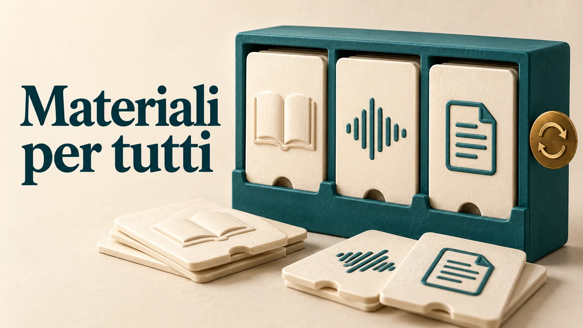 Illustrazione editoriale tridimensionale sul tema materiali per tutti, con il testo «Materiali per tutti».