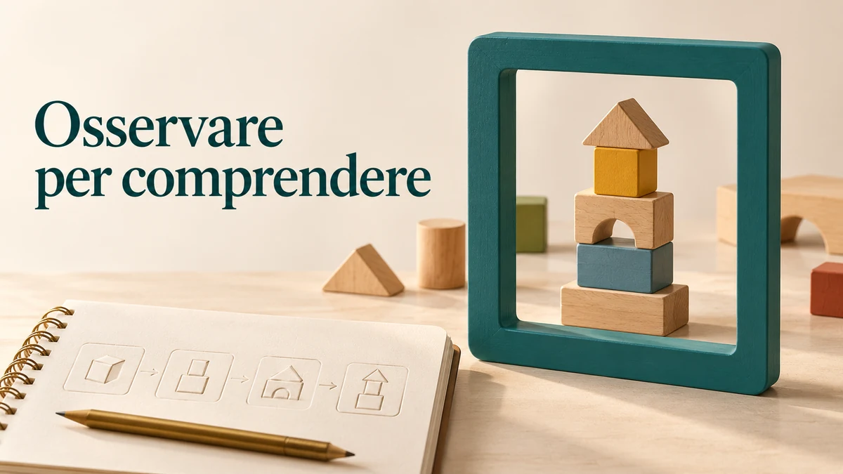 Illustrazione editoriale tridimensionale sul tema osservare per comprendere, con il testo «Osservare per comprendere».
