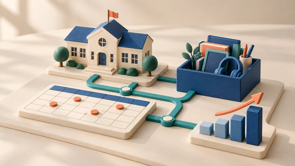 Scuola in miniatura collegata a risorse, calendario e indicatori di progetto.