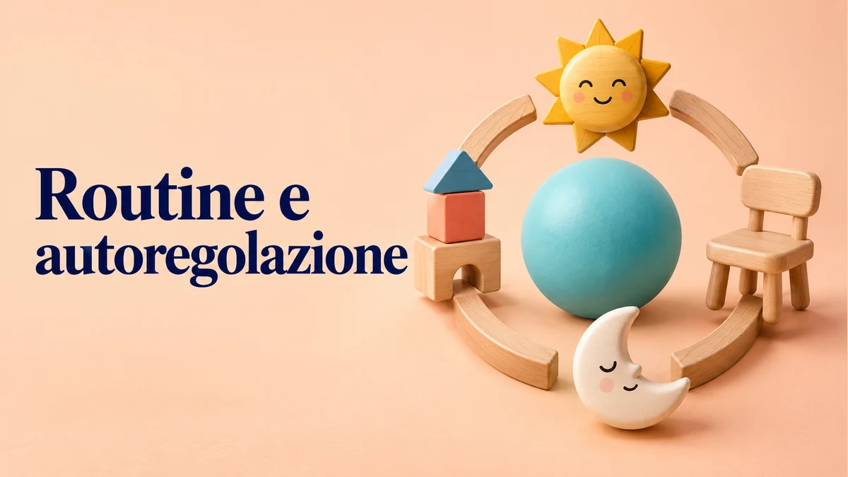Illustrazione editoriale tridimensionale del tema routine e autoregolazione, con testo «Routine e autoregolazione».