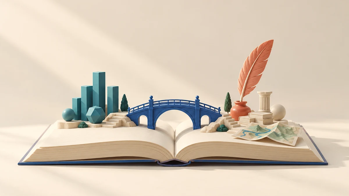Ponte su un libro tra dati e penna per un compito interdisciplinare STEM e umanistico.