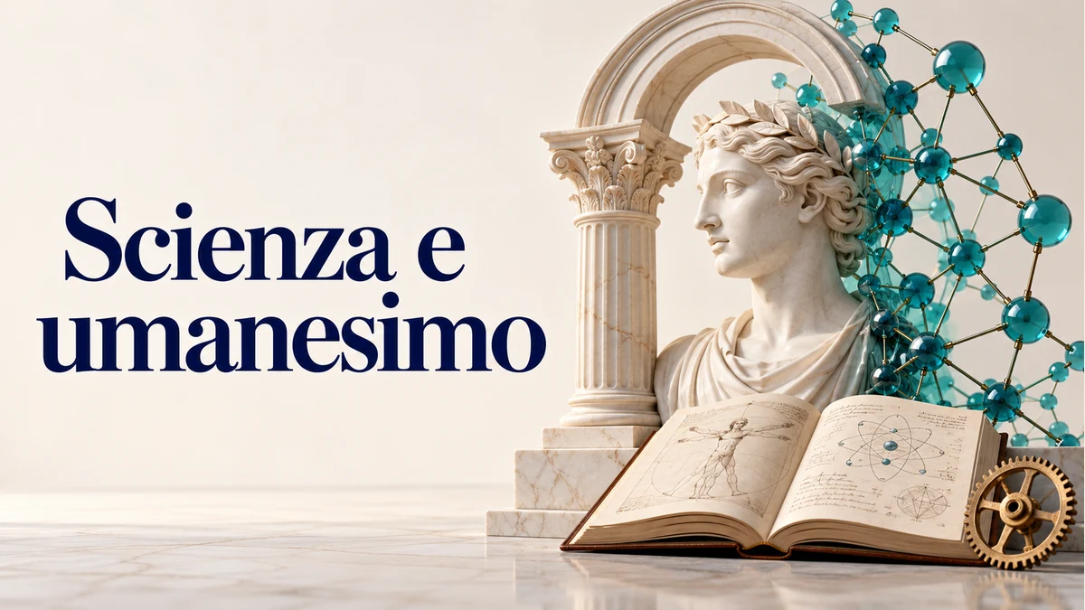 Illustrazione editoriale tridimensionale del tema scienza e umanesimo, con testo «Scienza e umanesimo».