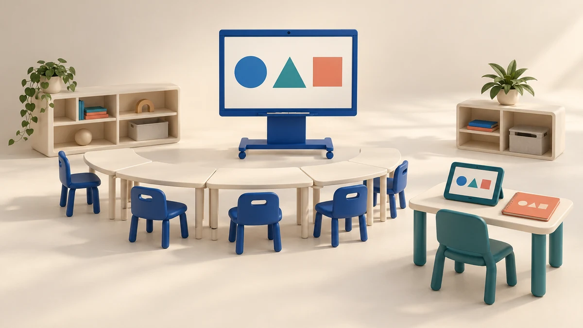 Modello di aula digitale con tavoli modulari, schermo e materiali alternativi accessibili.