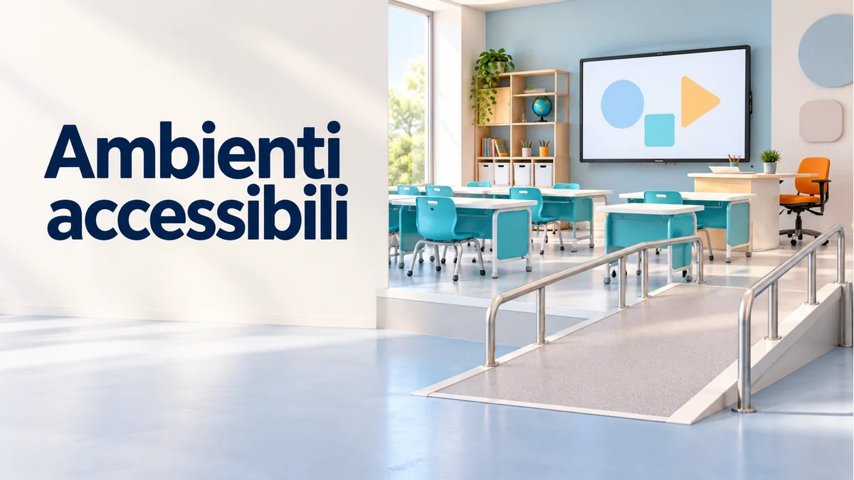 Illustrazione editoriale tridimensionale del tema ambienti accessibili, con testo «Ambienti accessibili».