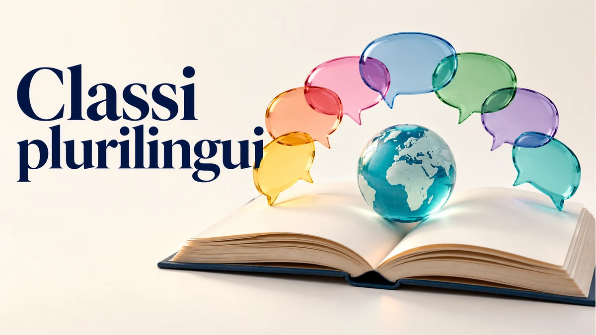 Illustrazione editoriale tridimensionale del tema classi plurilingui, con testo «Classi plurilingui».