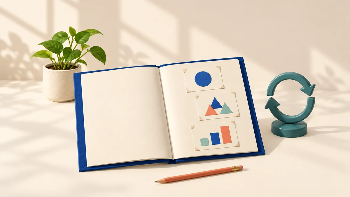 Portfolio aperto, freccia circolare e piantina per documentare la pratica riflessiva dei docenti.